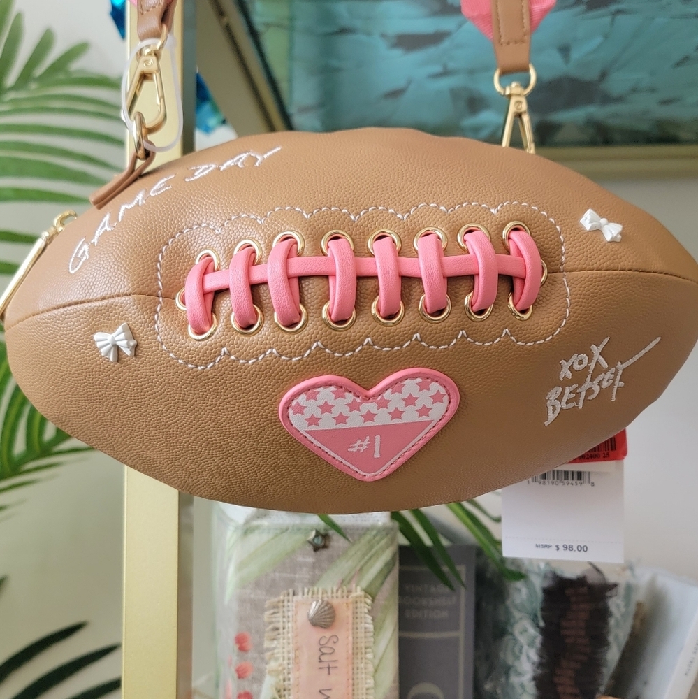 NWT Betsy Johnson Pink, White and Brown Game Day Football Crossbody Purse / Bag - Picture 6 of 8